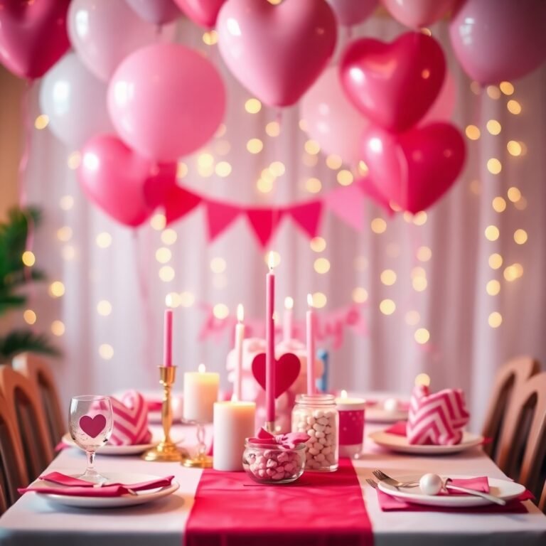 Easy last minute Galentine's Day party decor ideas. Pastel balloons, heart cutouts, candles, fairy lights, streamers, red pink table runner