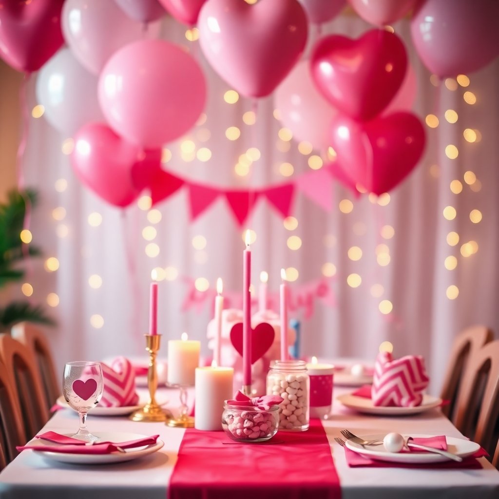 Easy last minute Galentine's Day party decor ideas. Pastel balloons, heart cutouts, candles, fairy lights, streamers, red pink table runner