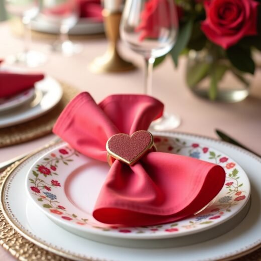 easy last minute Galentine’s Day Napkins with red heart-shaped napkin rings