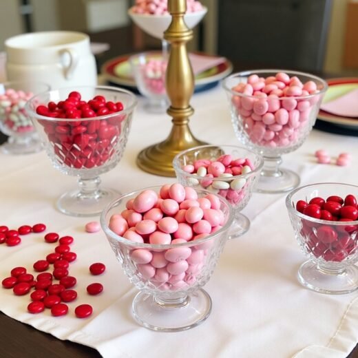 easy last minute Galentine’s Day decor Candy Scattered Tablescape with candy hearts ramekins crystal bowls filled with chocolate