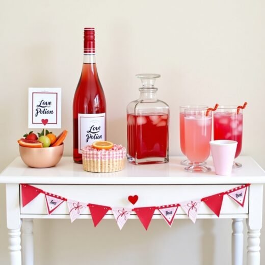 easy last minute Galentine’s Day decor DIY Drinks Station bar with pink or red drinks like rosé wine spiked berry lemonade