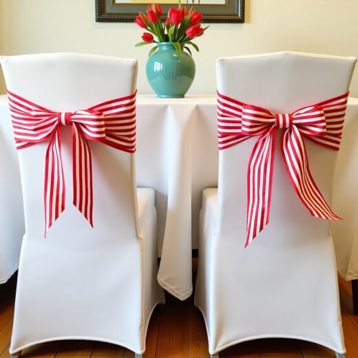 easy last minute Galentine’s Day decor Ribbon Wrapped Chair Backs red and white ribbon