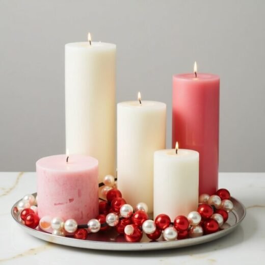 easy last minute Galentine’s Day decor candles on tray with red and white beads