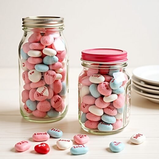 easy last minute Galentine’s Day decor mason jars filled with conversation candy hearts