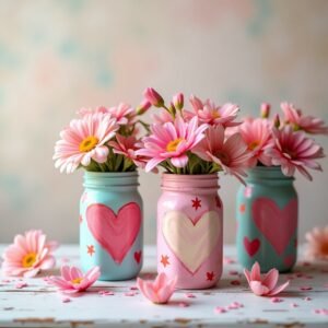 easy last minute Galentine’s Day decor painted mason jars with hearts and stars used as flower vases